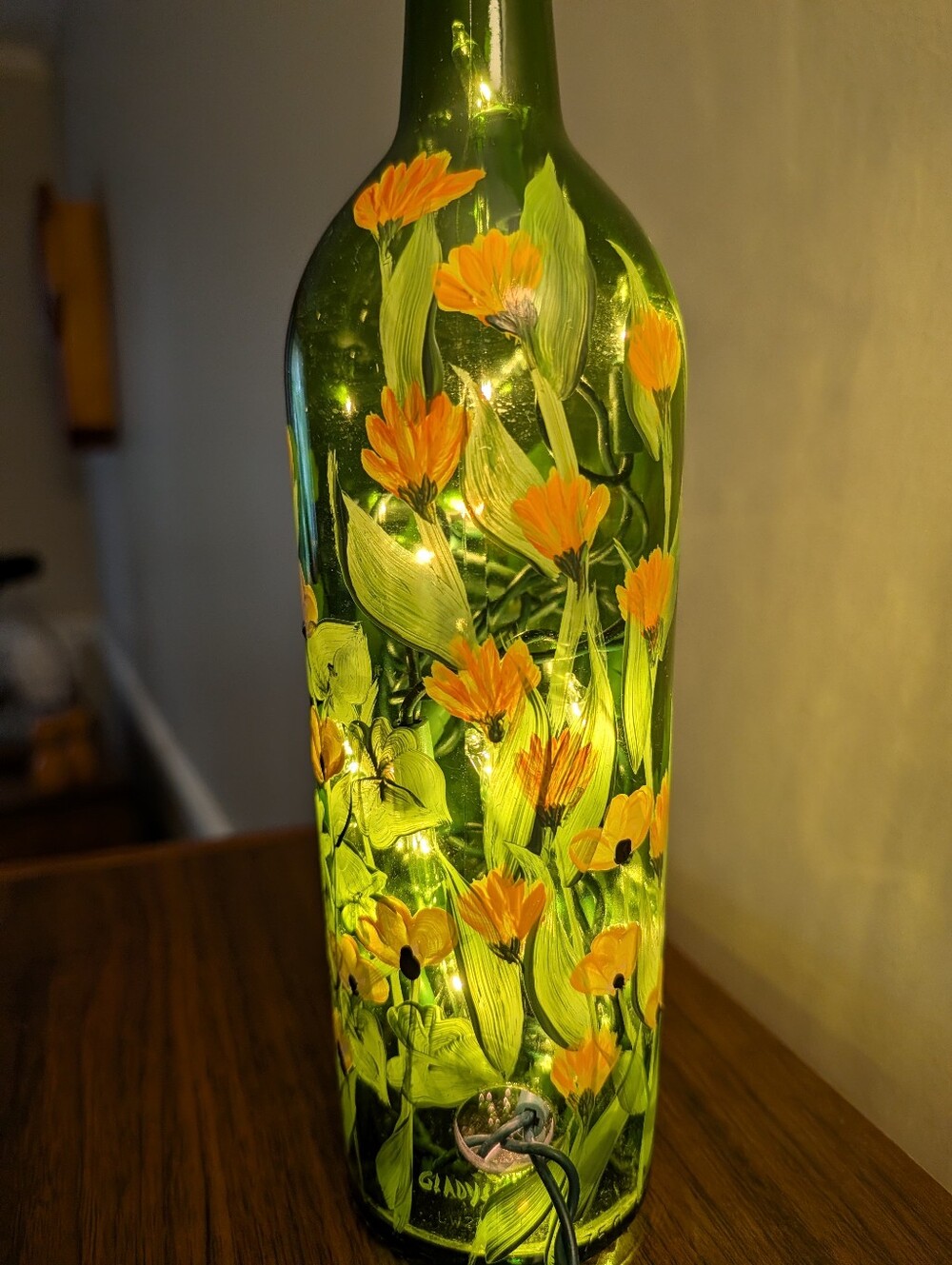 Hand-Painted Green Floral Bottle with Lights - Picture 3 of 8